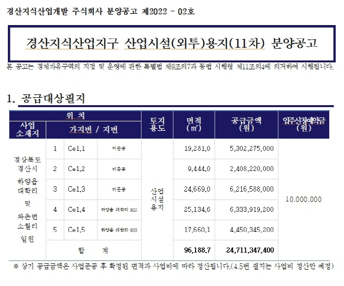 경산지식산업지구 산업시설(외투)용지(11차) 분양공고